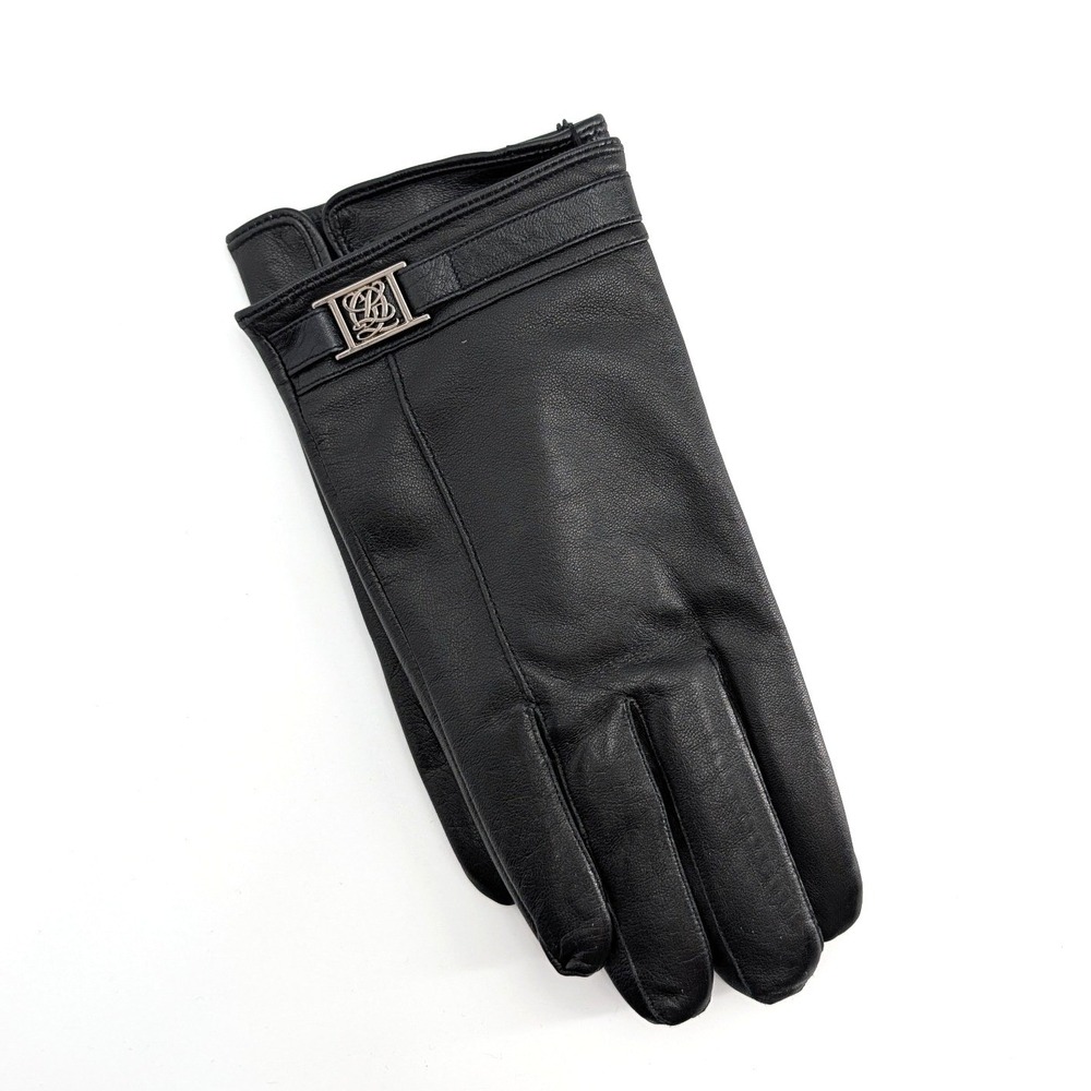 Louis Quatorze Black Sheepskin Leather Gloves Silver Logo Hardware NWT